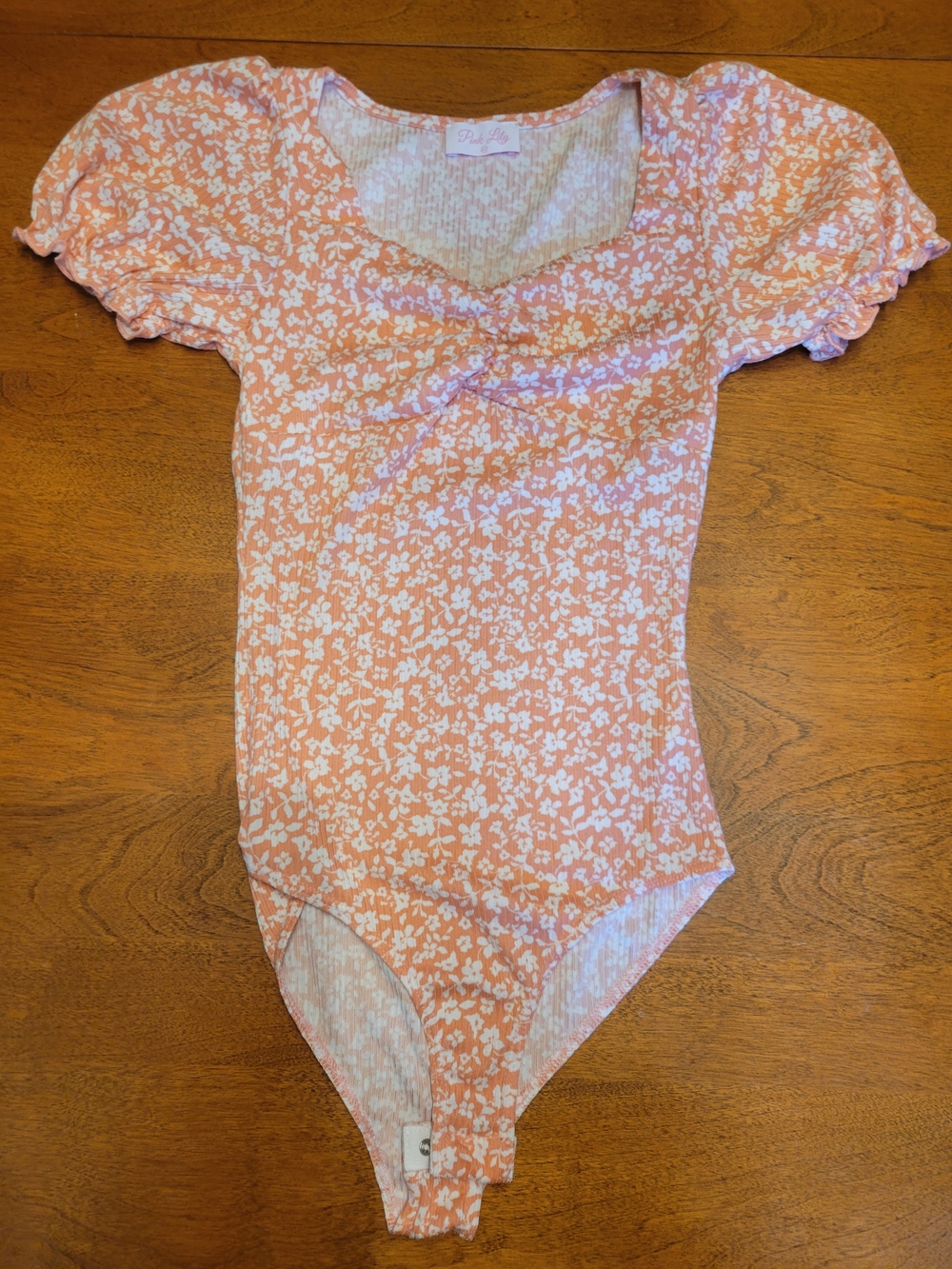 Pink Lily Peach Floral Puff-Sleeve One-Piece Bodysuit